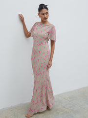 Jules Maxi Dress - Olive and Fuchsia Petal Floral