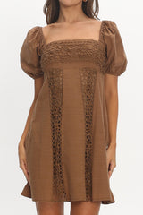 Highlight Reels Puff Sleeve Lace Mini Dress Chocolate