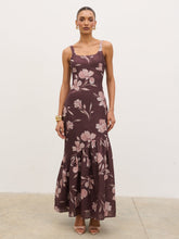 Kaia Scoop Neck Printed Frill Maxi Dress - Brown Botanical Lily Floral