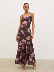 Kaia Scoop Neck Printed Frill Maxi Dress - Brown Botanical Lily Floral