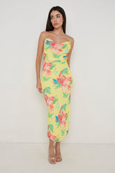 Keisha Ruched Midaxi Dress - Lemon Abstract Floral