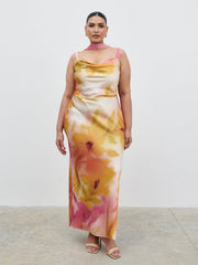 Keisha Scarf Maxi Dress Curve - Pink and Yellow Ochre Floral