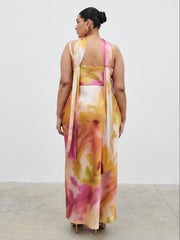 Keisha Scarf Maxi Dress Curve - Pink and Yellow Ochre Floral