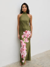 Kiara Halterneck Maxi Dress - Olive and Pink Floral