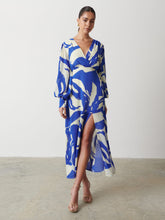 Lilianna Backless Balloon Sleeve Printed Dress - Blue Abstract