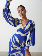 Lilianna Backless Balloon Sleeve Printed Dress - Blue Abstract