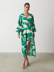 Lilianna Backless Balloon Sleeve Printed Dress - Green Abstract