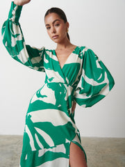 Lilianna Backless Balloon Sleeve Printed Dress - Green Abstract