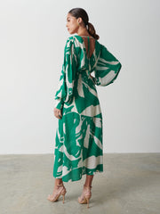 Lilianna Backless Balloon Sleeve Printed Dress - Green Abstract