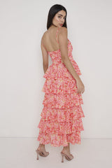 Lissy Ruffle Midaxi Dress - Orange and Pink Floral