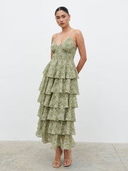 Lissy Ruffle Midaxi Dress - Green Abstract Print