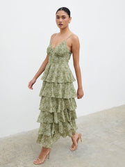 Lissy Ruffle Midaxi Dress - Green Abstract Print