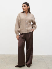 Lorrie Chunky Knit Buttoned Bomber - Dark Beige
