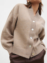 Lorrie Chunky Knit Buttoned Bomber - Dark Beige