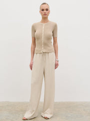 Louna Scallop Detail Cream Knit Button Top - Beige