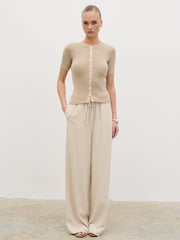 Louna Scallop Detail Cream Knit Button Top - Beige