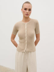 Louna Scallop Detail Cream Knit Button Top - Beige
