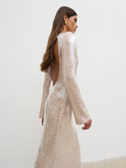 Lyra Long Sleeve Sequin Midaxi Dress - Oyster