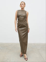 Maeve High Neck Faux Leather Top - Khaki