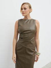 Maeve High Neck Faux Leather Top - Khaki