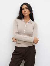 Marione Button Down Knit Polo Top - Beige