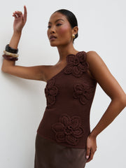 Megan Crochet Flower Knit Top - Brown