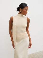 Melanie High Neck Knit Top with Neck Tie - Cream