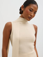 Melanie High Neck Knit Top with Neck Tie - Cream