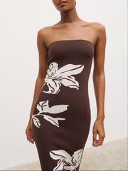 Milena Floral Bandeau Knit Midaxi Dress - Chocolate and Cream