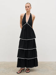 Miri Halterneck Contrast Tiered Midaxi Dress - Black and Cream
