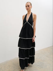 Miri Halterneck Contrast Tiered Midaxi Dress - Black and Cream