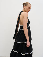 Miri Halterneck Contrast Tiered Midaxi Dress - Black and Cream