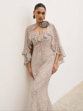 Oriana Corsage Cape Maxi Dress - Cream and Brown Polkadot