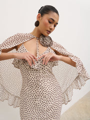 Oriana Corsage Cape Maxi Dress - Cream and Brown Polkadot