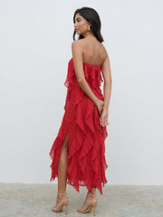 Perla Bandeau Ruffle Midaxi Dress - Red