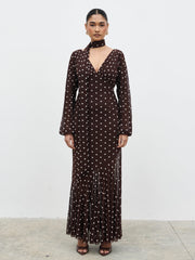 Petula Scarf Mesh Maxi Dress - Brown and Cream Polkadot