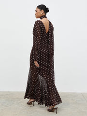 Petula Scarf Mesh Maxi Dress - Brown and Cream Polkadot
