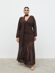 Petula Scarf Mesh Maxi Dress Curve - Brown and Cream Polkadot