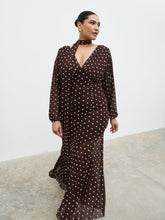 Petula Scarf Mesh Maxi Dress Curve - Brown and Cream Polkadot