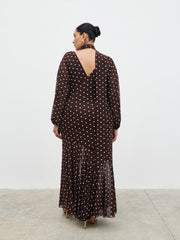 Petula Scarf Mesh Maxi Dress Curve - Brown and Cream Polkadot