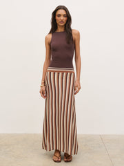 Phoebe Slash Neck Stripe Knit Maxi Dress - Brown