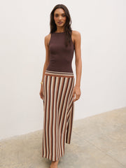 Phoebe Slash Neck Stripe Knit Maxi Dress - Brown