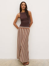 Phoebe Slash Neck Stripe Knit Maxi Dress - Brown