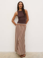 Phoebe Slash Neck Stripe Knit Maxi Dress - Brown