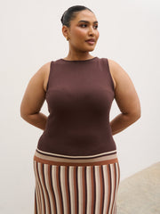 Phoebe Slash Neck Stripe Knit Maxi Dress Curve - Brown