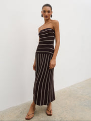 Pixie Bandeau Stripe Knit Long Midaxi Dress - Brown