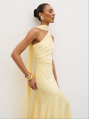 Porto One Shoulder Godet Maxi Dress - Lemon