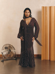 Petula Scarf Mesh Maxi Dress - Brown and Cream Polkadot