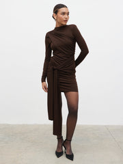 Raya Drape Jersey Mini Dress - Brown