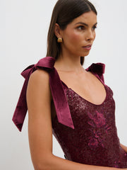 Romy Tie Sequin Midaxi Dress - Wine Floral Sequin